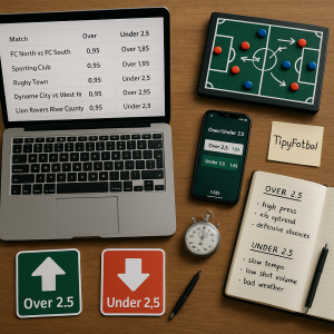Photographic scene inside a press box overlooking a softly blurred football pitch. Foreground desk
