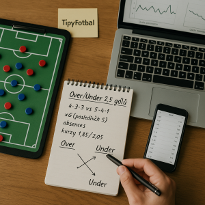 Overhead photo of a football analysis desk for over/under 2.5 goals, with tactics board,